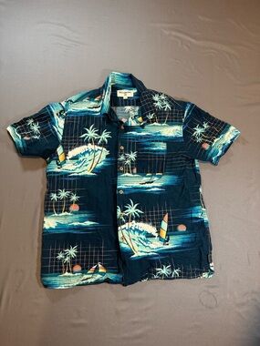 Billabong Teal and Navy Surf & Palm Short Sleeve Button-Up Size Small